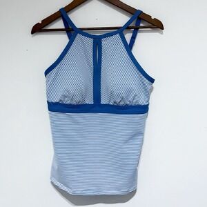 Lands End Swim Top Womens 10 Blue Stripe High Neck Tankini Lightly Padded